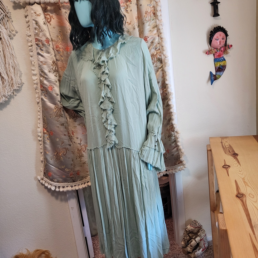 Free Peeps Sage Ruffled Peasant Dress